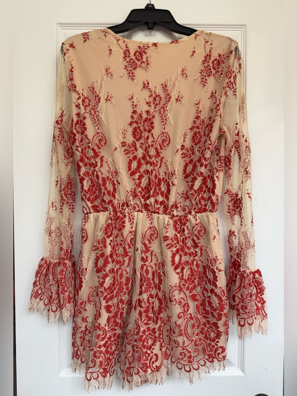 Gianni Bini Beige Romper with Red Lace Overlay - Picture 2 of 3